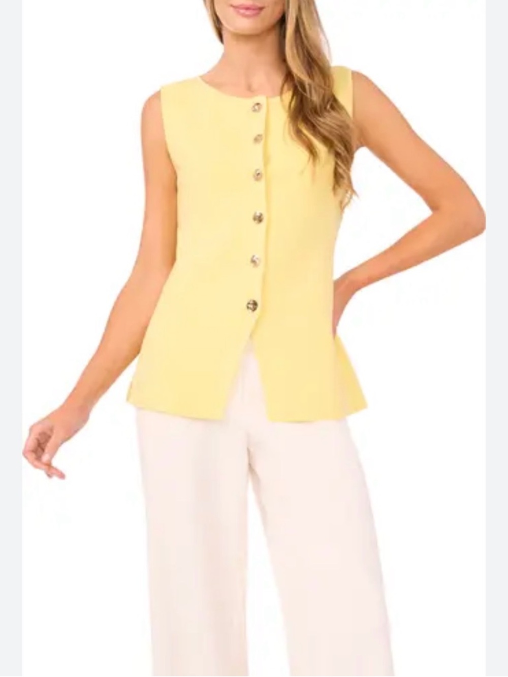 Sleeveless Yellow Button-Front Peplum Top